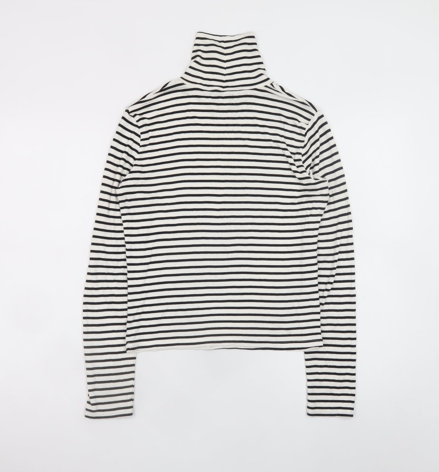 ZARA Women White Black Striped Roll Neck Long Sleeve Cotton Top L