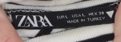 ZARA Women White Black Striped Roll Neck Long Sleeve Cotton Top L