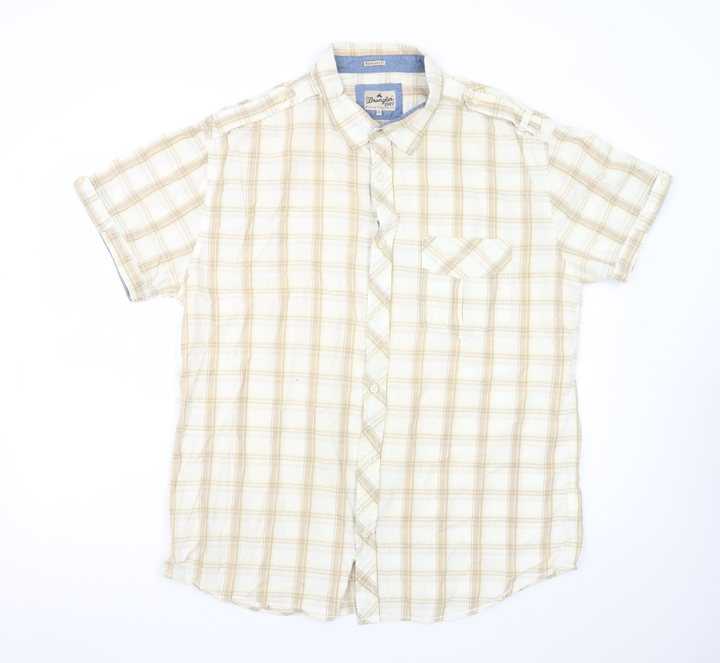Wrangler Men’s Beige Plaid Short Sleeve 2XL Button-Up Cotton Shirt