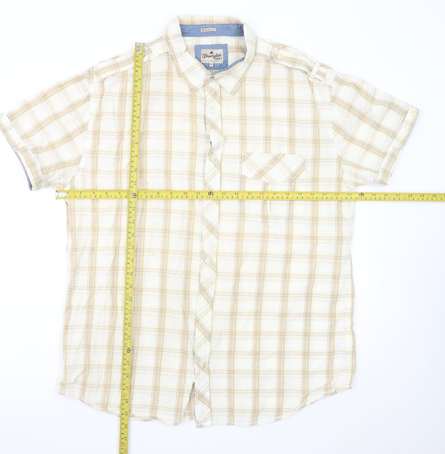 Wrangler Men’s Beige Plaid Short Sleeve 2XL Button-Up Cotton Shirt
