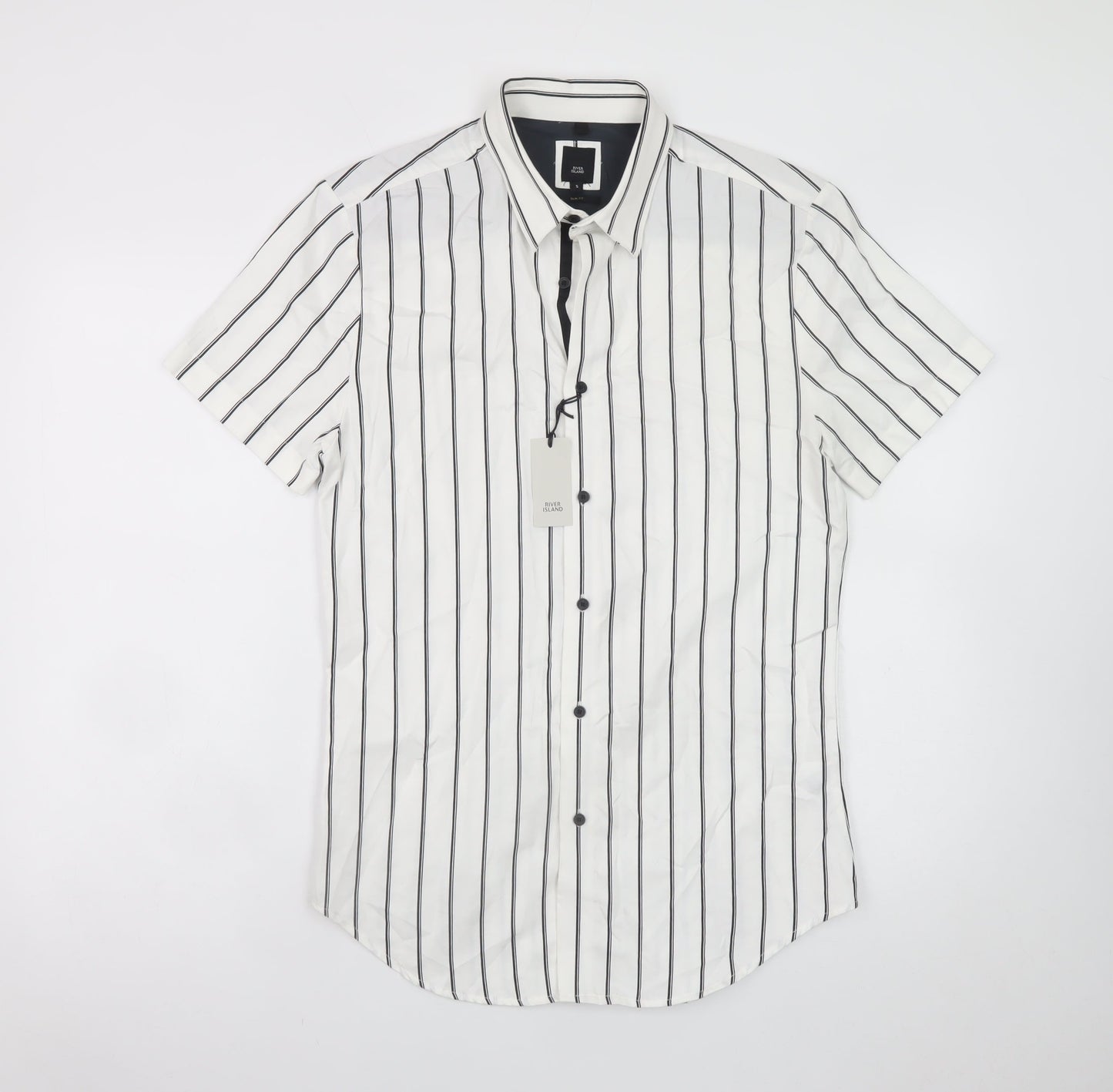 River Island Men's White Slim Fit Striped Short Sleeve Button-Up Shirt S
