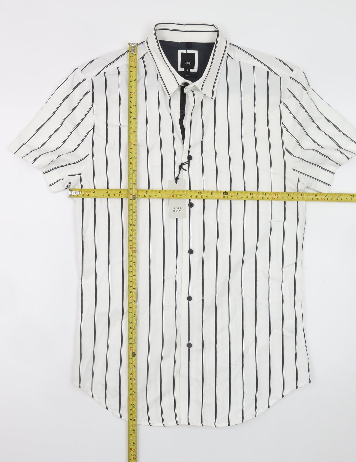 River Island Men's White Slim Fit Striped Short Sleeve Button-Up Shirt S