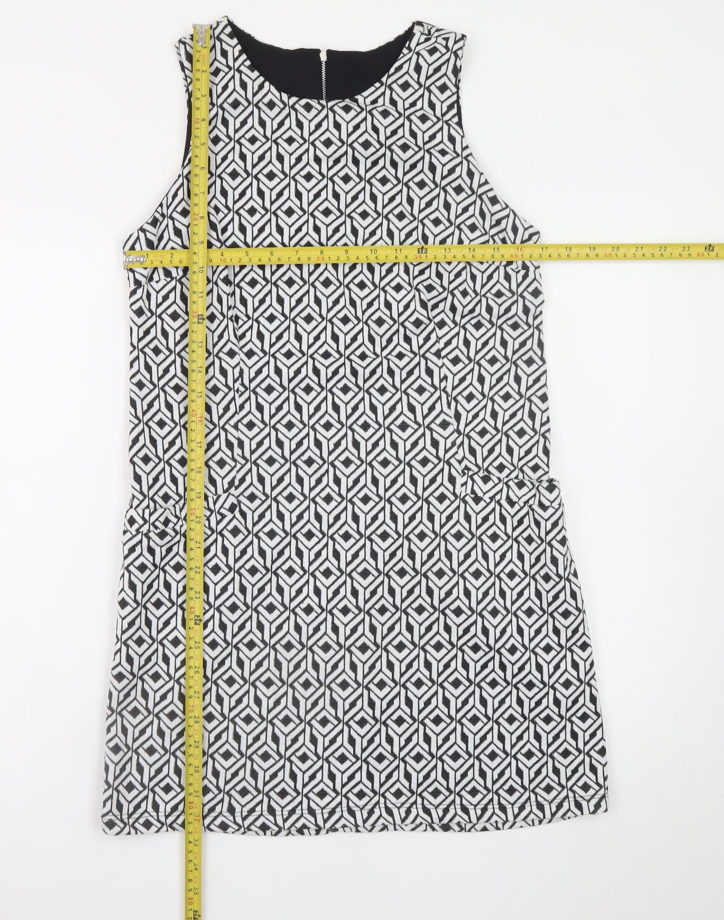 Vestry Women Black Geometric Shift Dress Size 12 Sleeveless