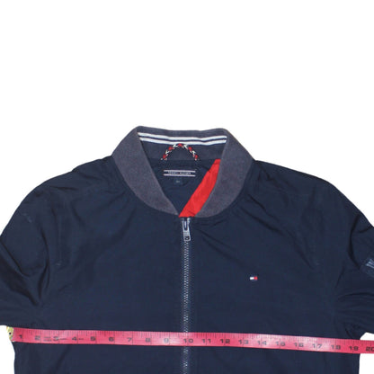 Back view of Tommy Hilfiger boys’ blue bomber jacket, size 164, full zip lined casual