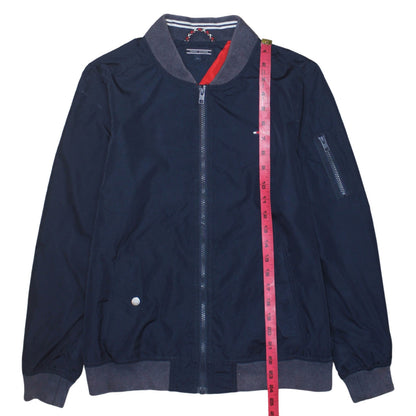 Close-up detail of Tommy Hilfiger boys’ blue bomber jacket, size 164, full zip lined casual