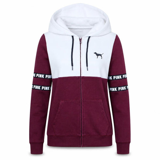 Victoria's Secret PINK Women's Burgundy & White Full Zip Hoodie Size S