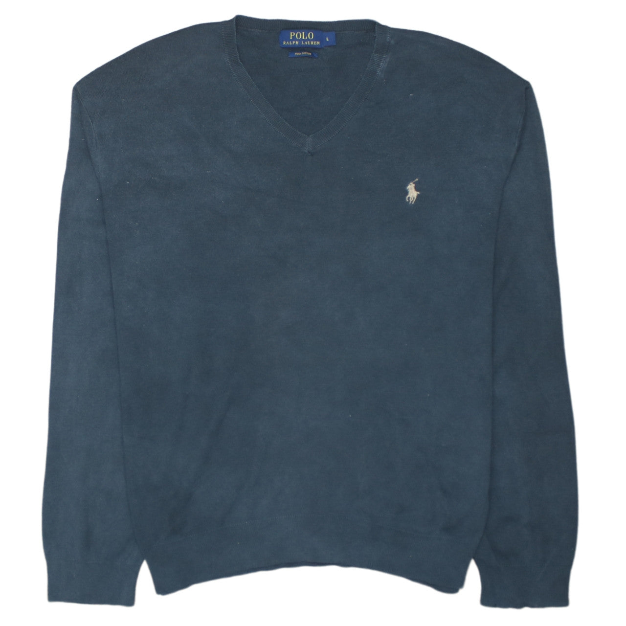 Ralph Lauren Men's Blue V-Neck Pima Cotton Pullover Jumper Size L