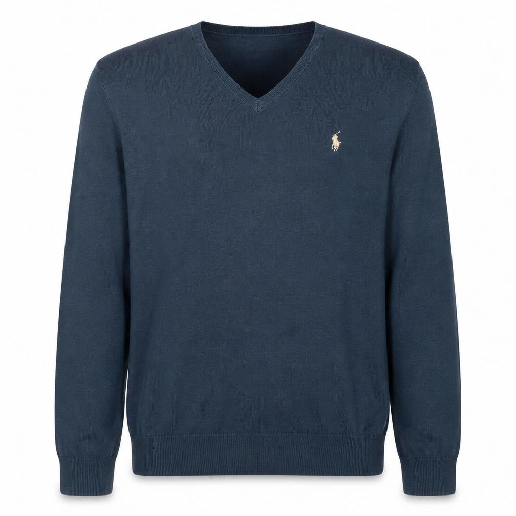 Ralph Lauren Men's Blue V-Neck Pima Cotton Pullover Jumper Size L