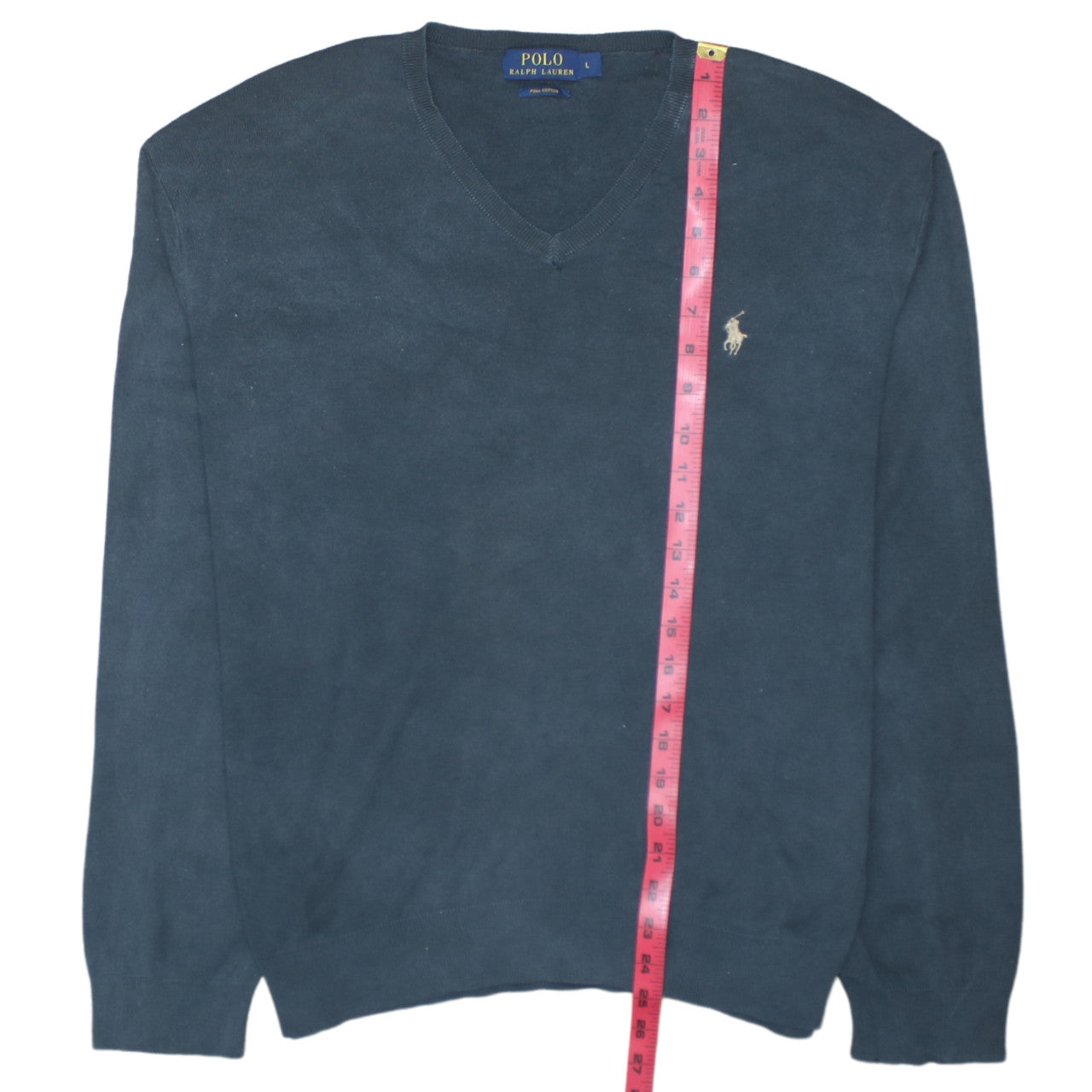 Ralph Lauren Men's Blue V-Neck Pima Cotton Pullover Jumper Size L