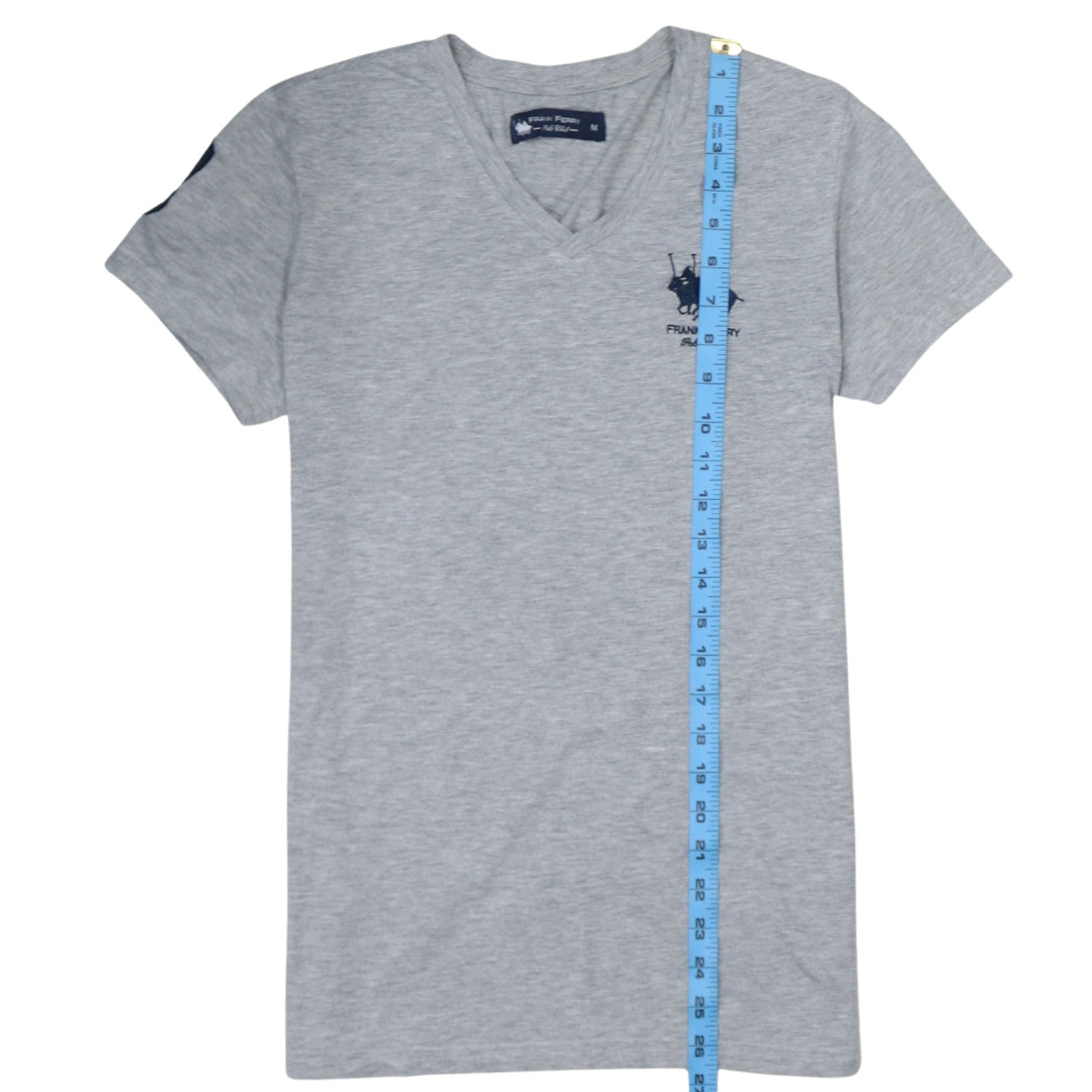 Frank Ferry Men Grey V-Neck Polo Club Embroidered T-Shirt M