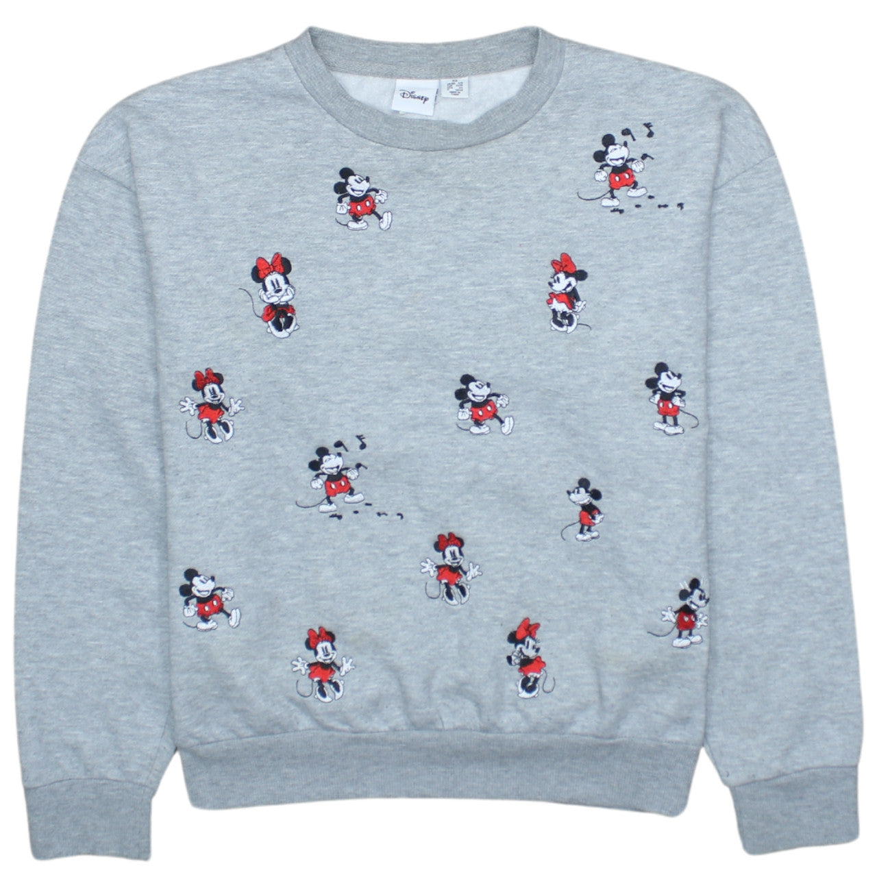 Disney Women Grey XS Sweatshirt Mickey & Minnie Embroidered Crew Neck