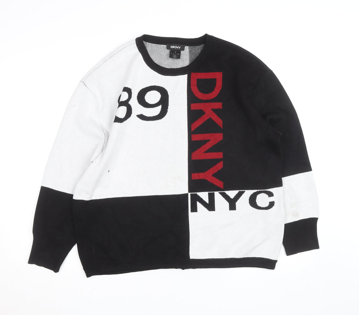 DKNY Women Black White Geometric Crew Neck Pullover Jumper Medium