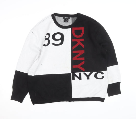 DKNY Women Black White Geometric Crew Neck Pullover Jumper Medium