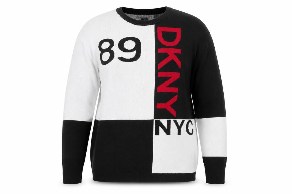 DKNY Women Black White Geometric Crew Neck Pullover Jumper Medium