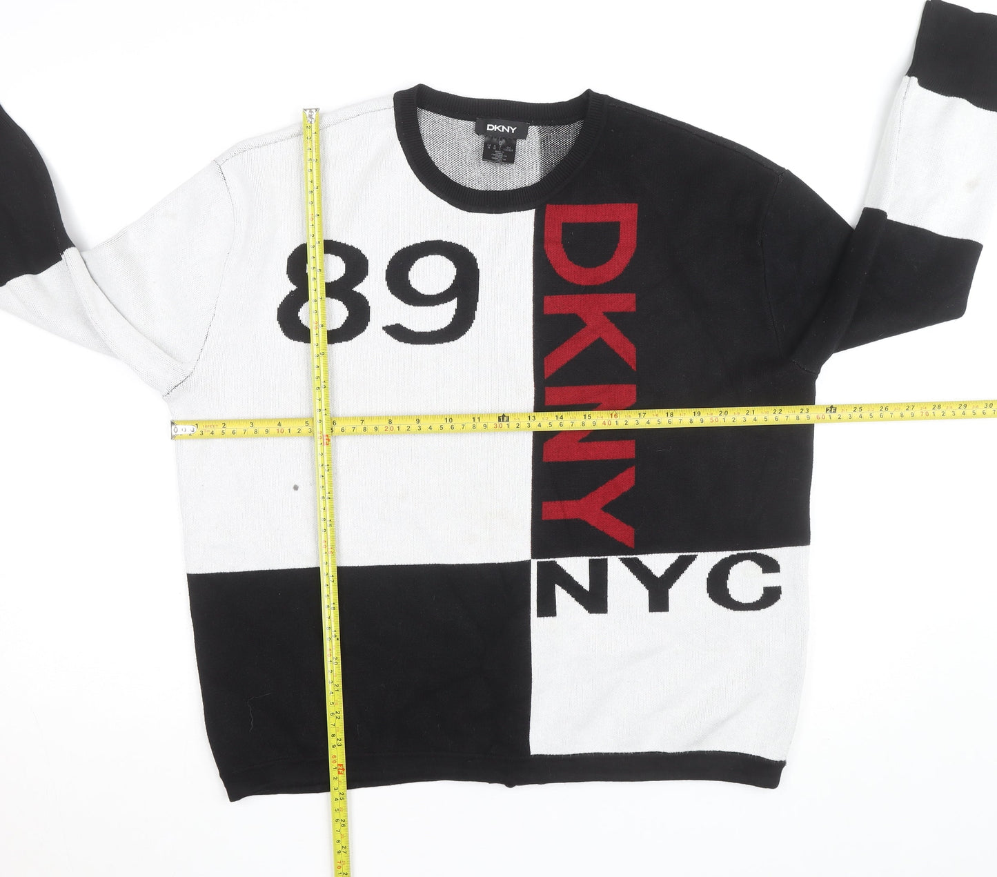 DKNY Women Black White Geometric Crew Neck Pullover Jumper Medium