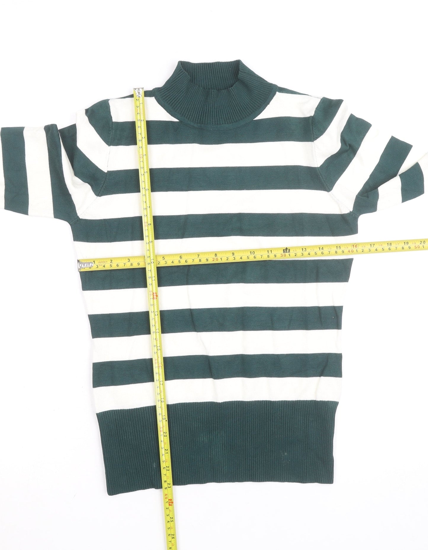 P-M Womens Green White Striped Roll Neck Jumper M Long Sleeve Knit