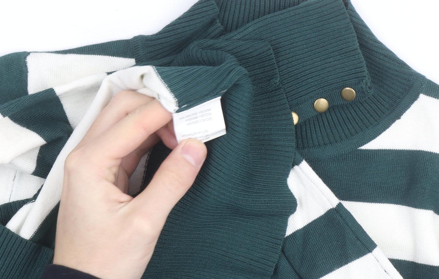P-M Womens Green White Striped Roll Neck Jumper M Long Sleeve Knit