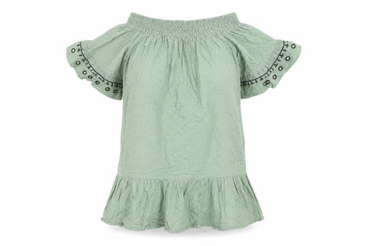 F&F Women’s Green Off Shoulder Peasant Blouse Size S Short Sleeve
