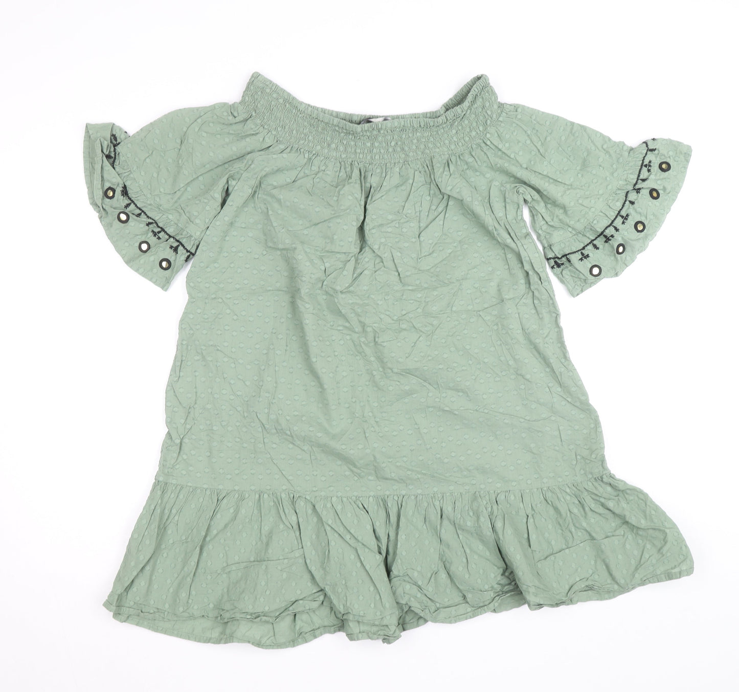 F&F Women’s Green Off Shoulder Peasant Blouse Size S Short Sleeve