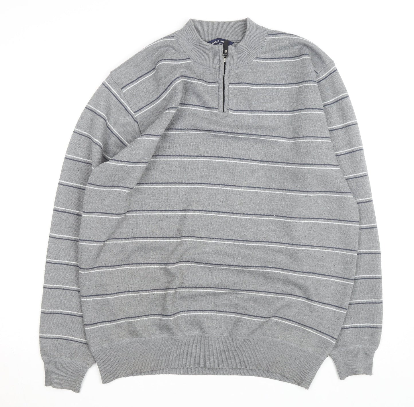 Charles Norton Men’s Grey 2XL Striped Half Zip Acrylic Jumper