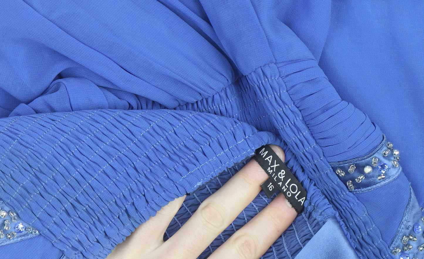 Max & Lola Milano Women's Blue Beaded Chiffon Empire Waist Dress Size 16