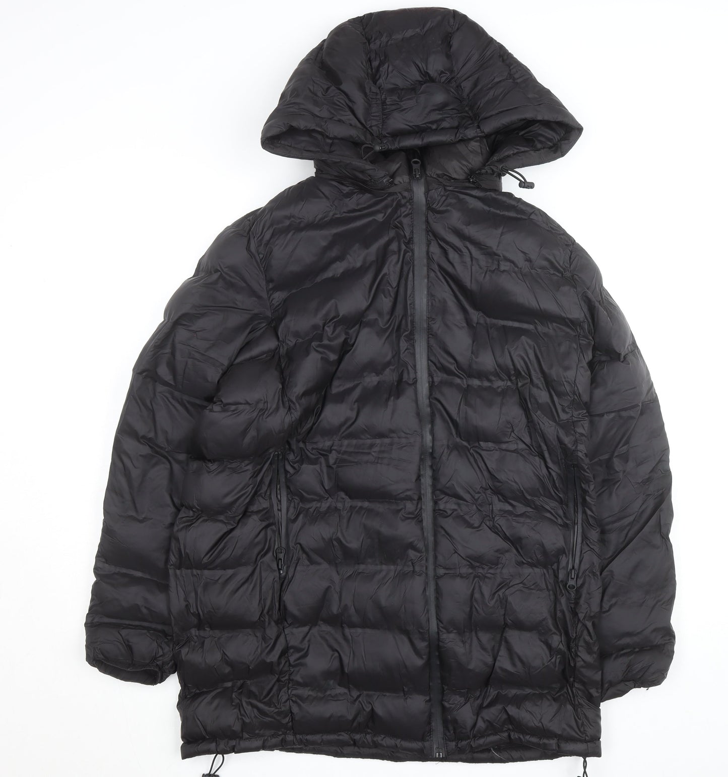 Zara Women’s Black Puffer Jacket Size 14 Hooded Long Lightweight Winter Coat