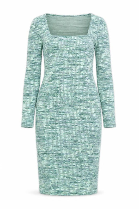 Primark Women’s Green Bodycon Knit Dress Size 8 Long Sleeve Square Neck