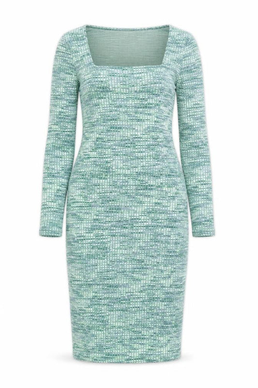Primark Women’s Green Bodycon Knit Dress Size 8 Long Sleeve Square Neck