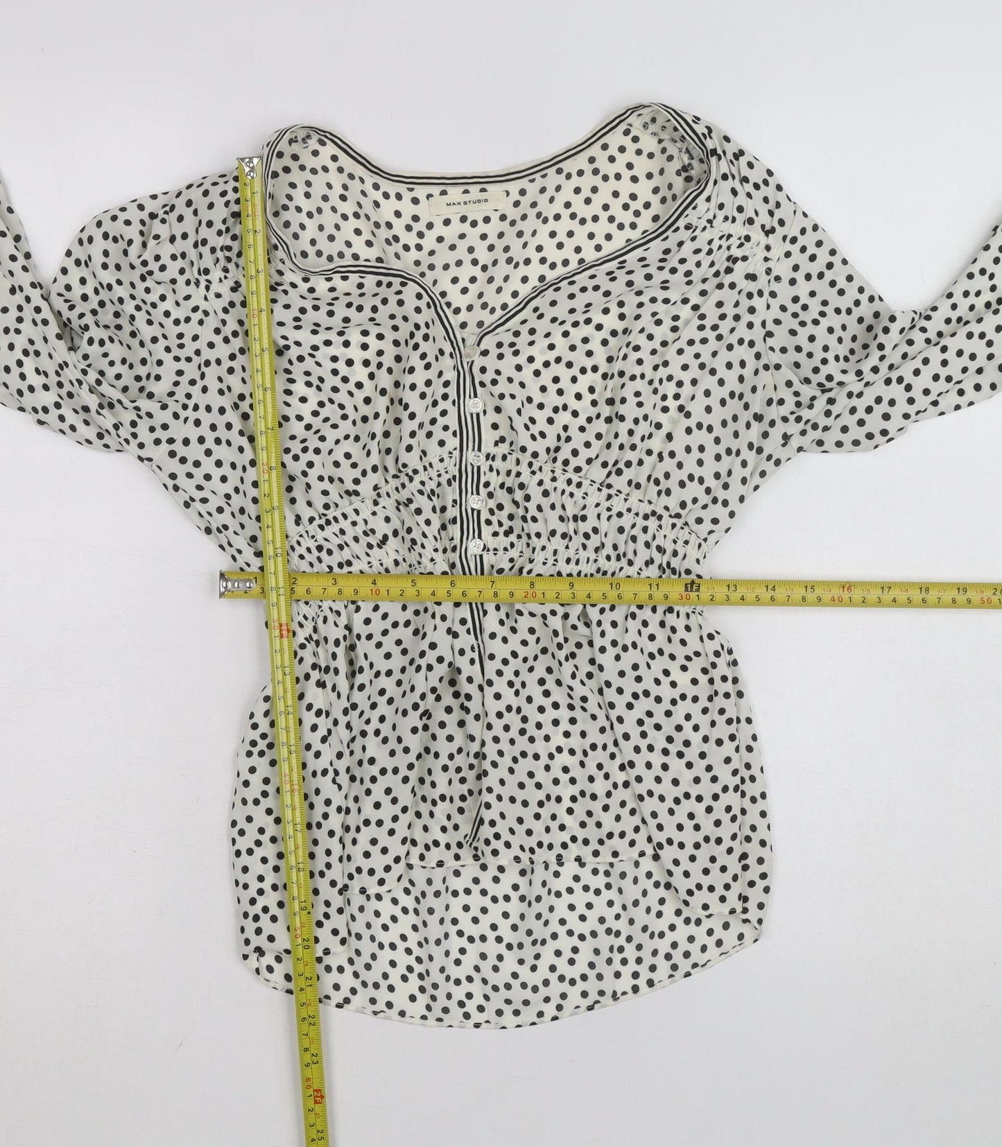 Max Studio Women’s White Polka Dot Tunic Blouse Size M Long Sleeve