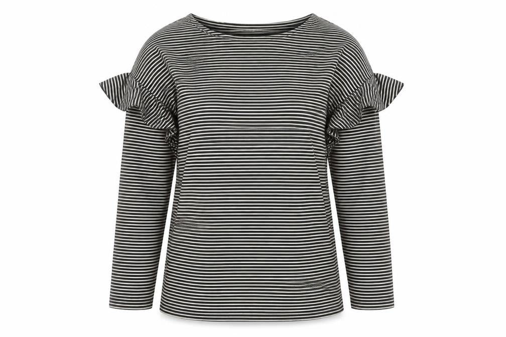 Warehouse Women’s Black Striped Ruffle Cold Shoulder Jersey Top Size 16