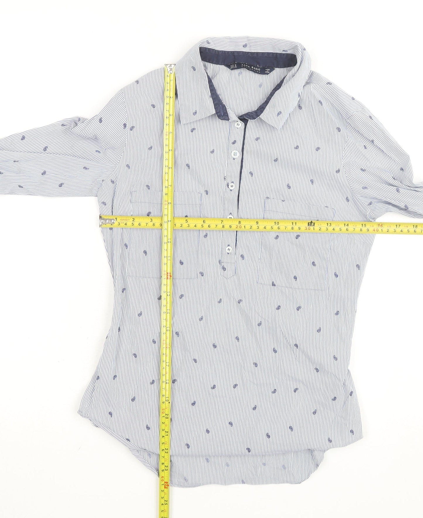Zara Basic Women Blue Striped Paisley Long Sleeve Blouse Size 8