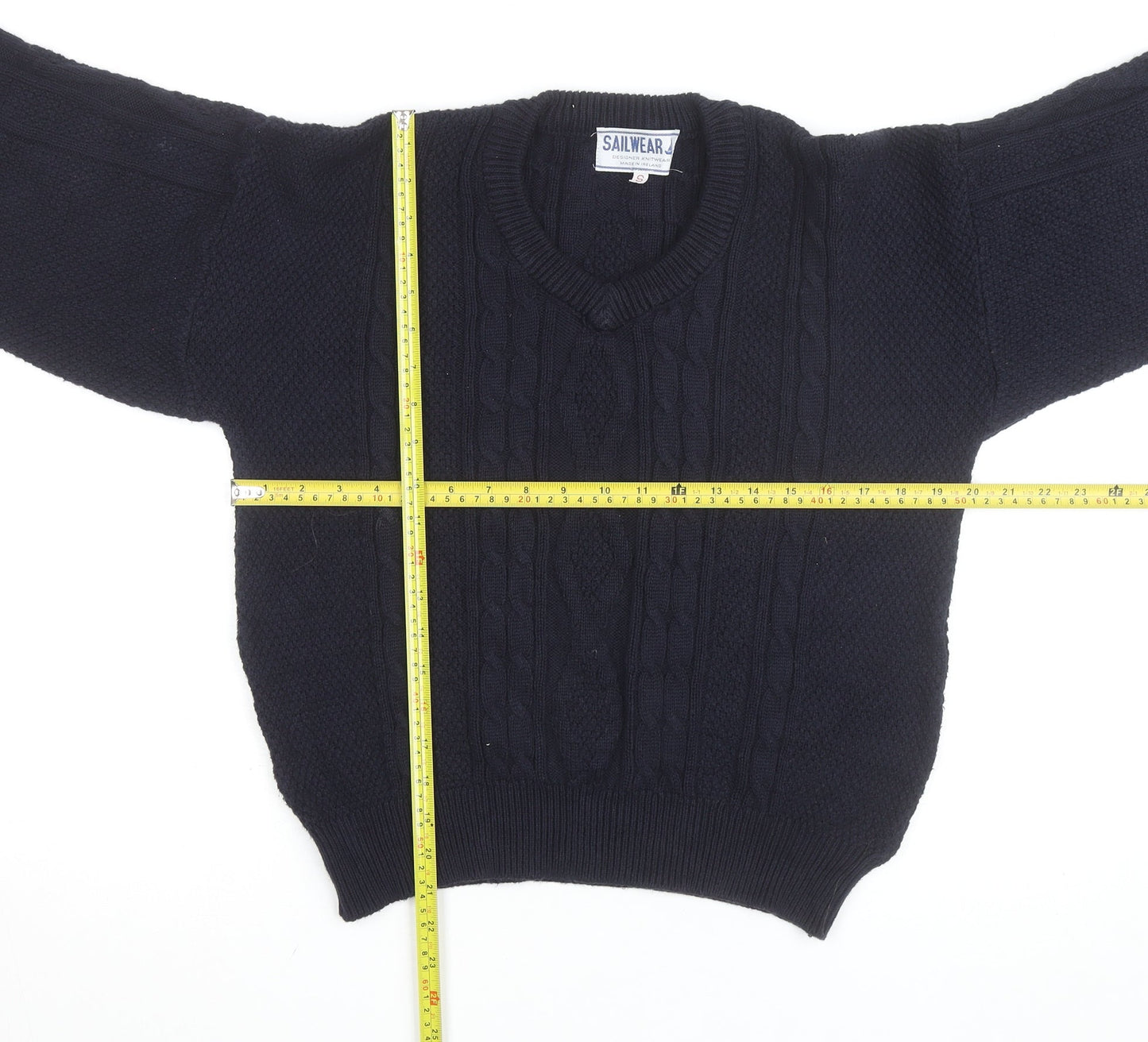Sailwear Men's Blue Cable-Knit V-Neck Cotton Jumper S