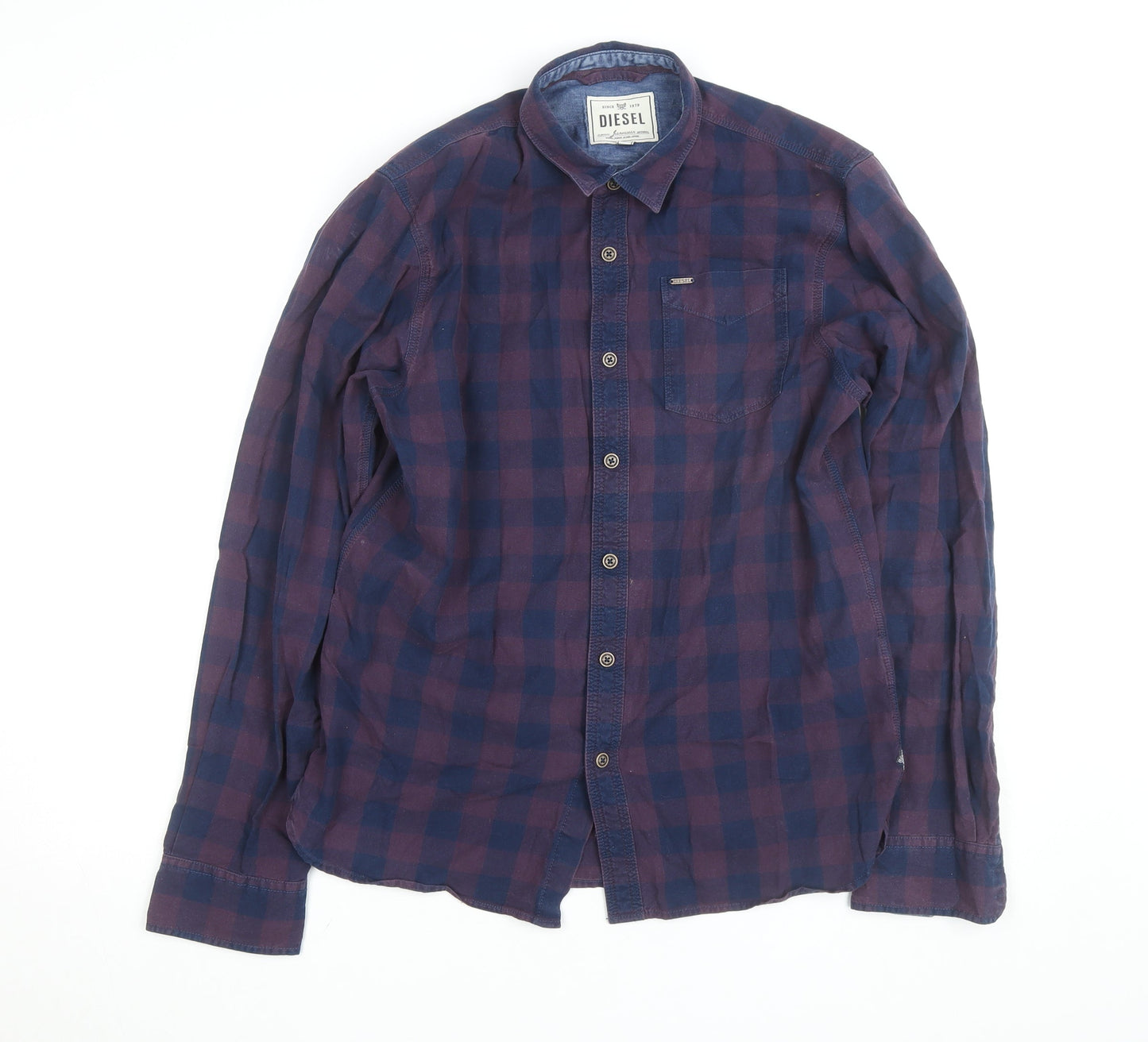 Diesel Men's Blue Checked Cotton Long Sleeve Button-Up Shirt L