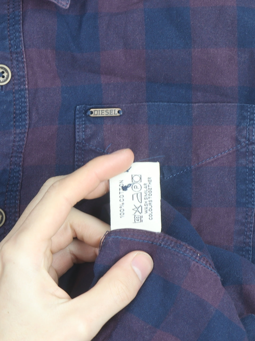 Diesel Men's Blue Checked Cotton Long Sleeve Button-Up Shirt L