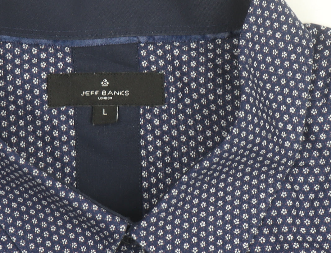 Jeff Banks Men's Blue Floral Short Sleeve Button-Up Cotton Shirt L