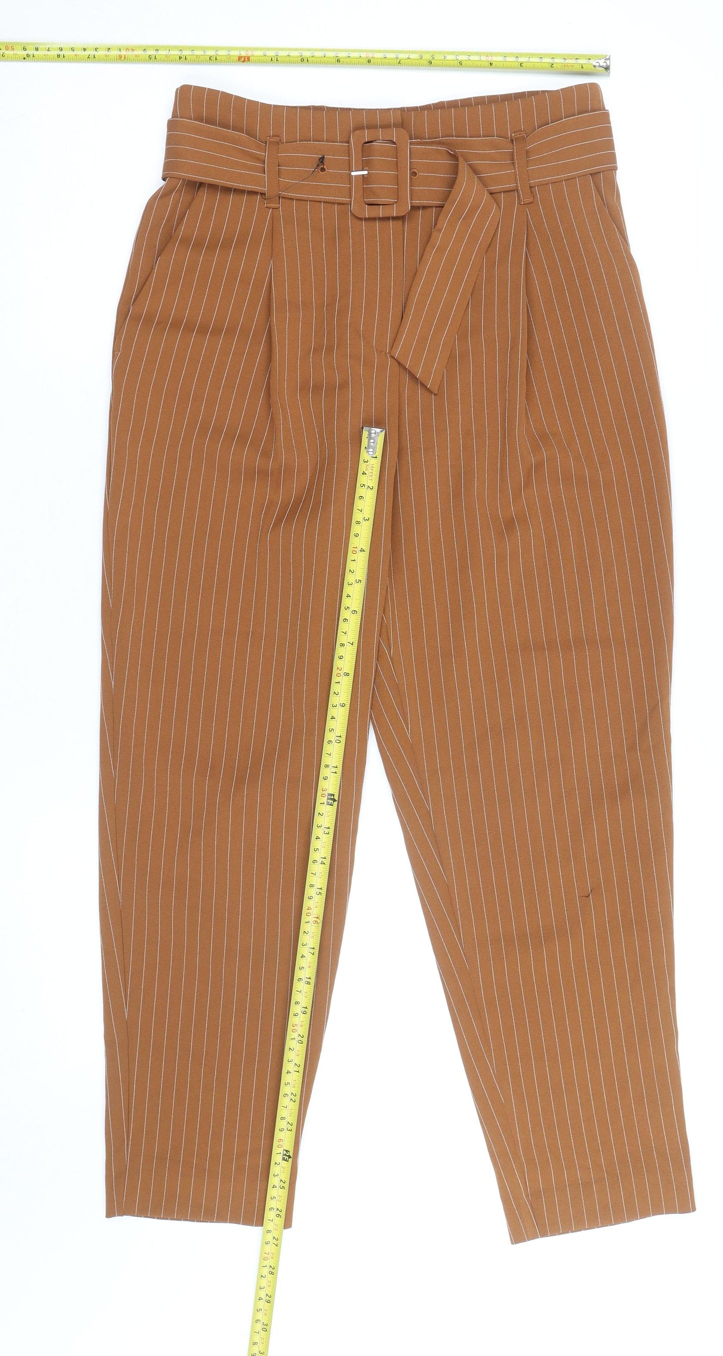 New Look Women’s Brown Striped Paperbag Tapered Trousers Size 10