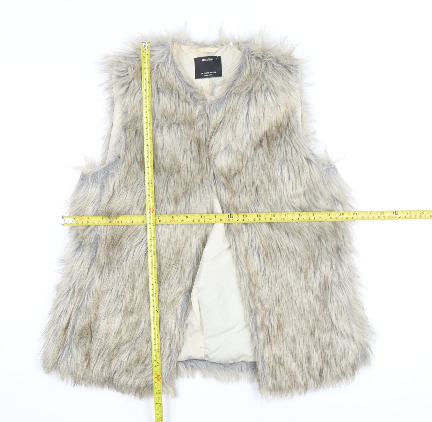 Bershka Women's Grey Faux Fur Waistcoat Size S Midi Lined Open