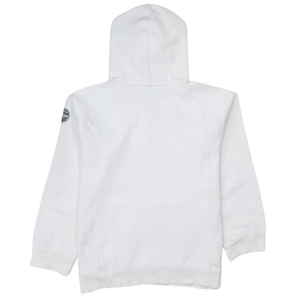 Brand and care label for Nike boys’ white oregon pullover hoodie, size 12-13, years fleece lined