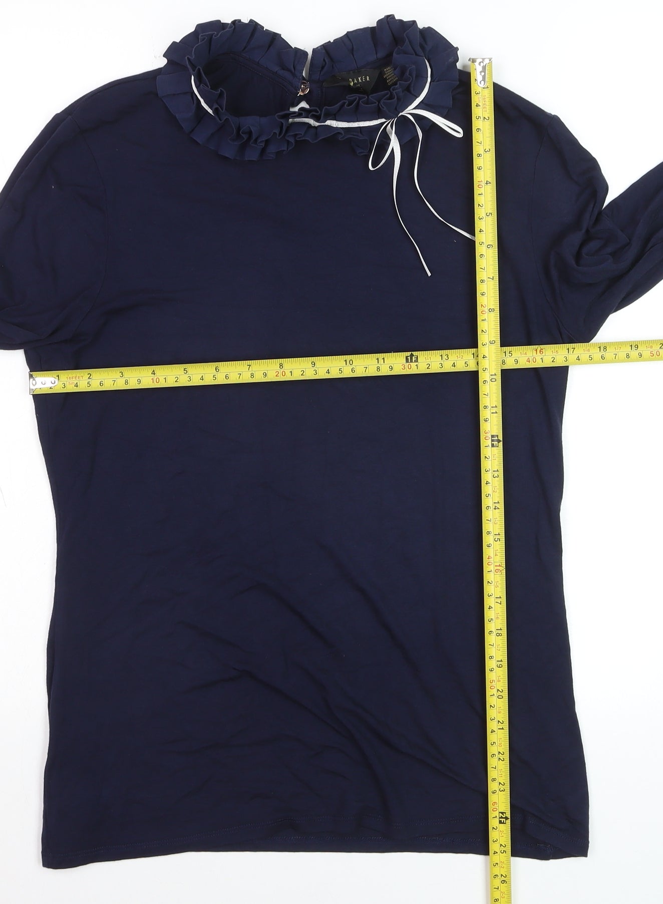Ted Baker Women Blue Ruffle High Neck Long Sleeve Cotton Blouse Size 14