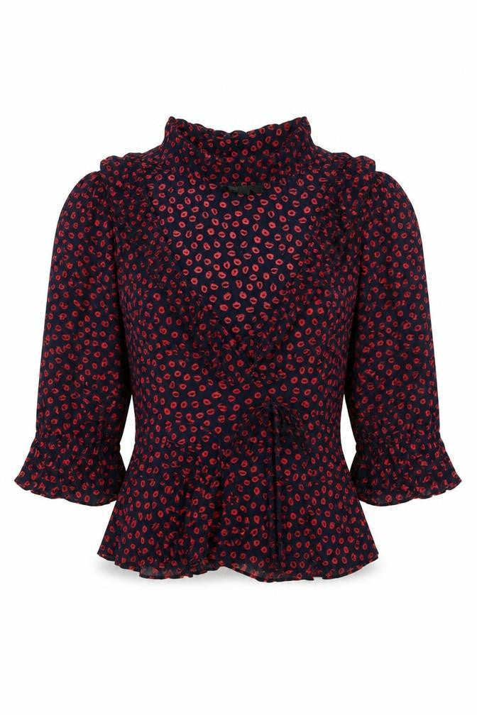 Topshop Petite Blue Red Ruffle Wrap Blouse Women’s Size 6