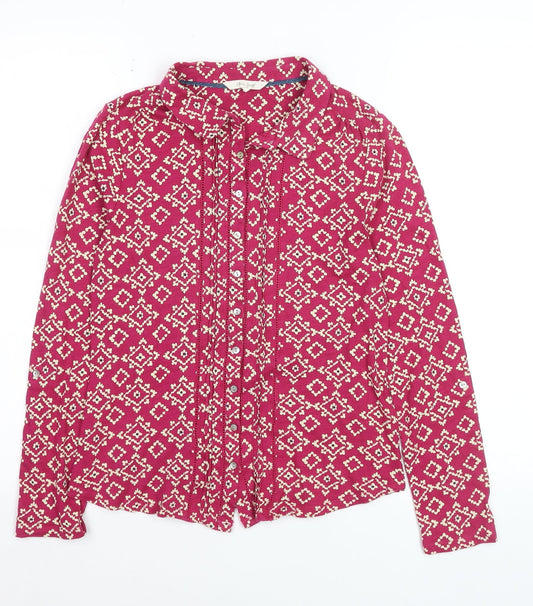 White Stuff Women Pink Geometric Cotton Blouse Size 8 Long Sleeve