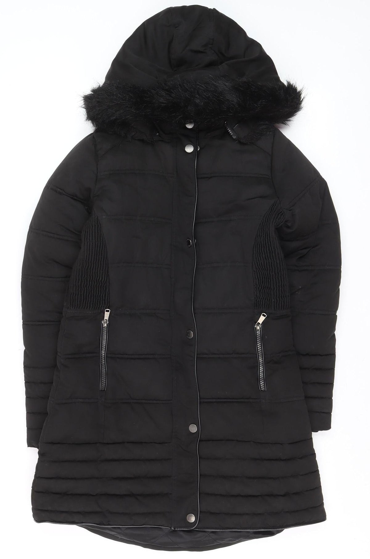 Firetrap Girls Black Long Hooded Puffer Coat 11-12 Years Faux Fur Trim