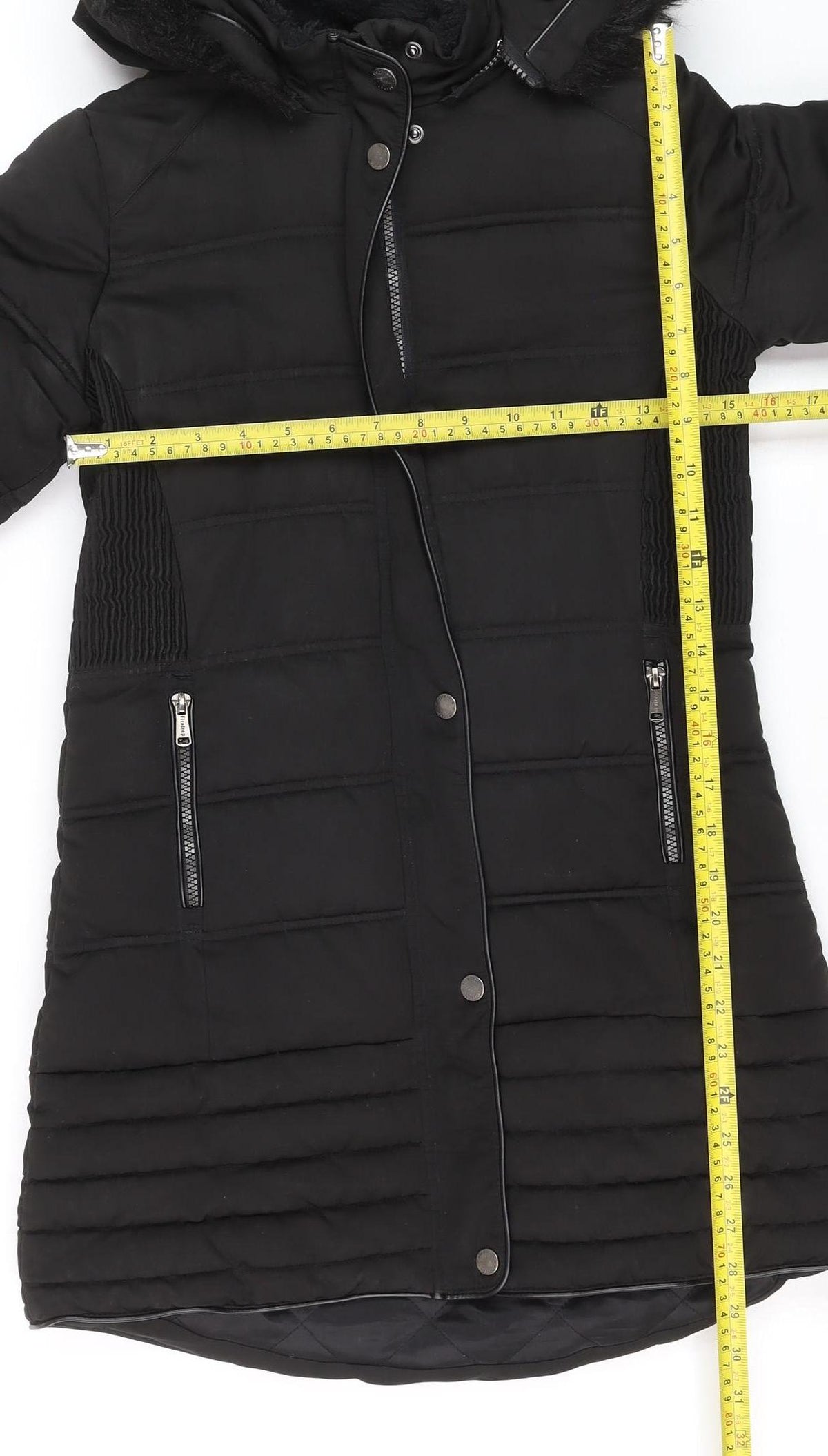 Firetrap Girls Black Long Hooded Puffer Coat 11-12 Years Faux Fur Trim
