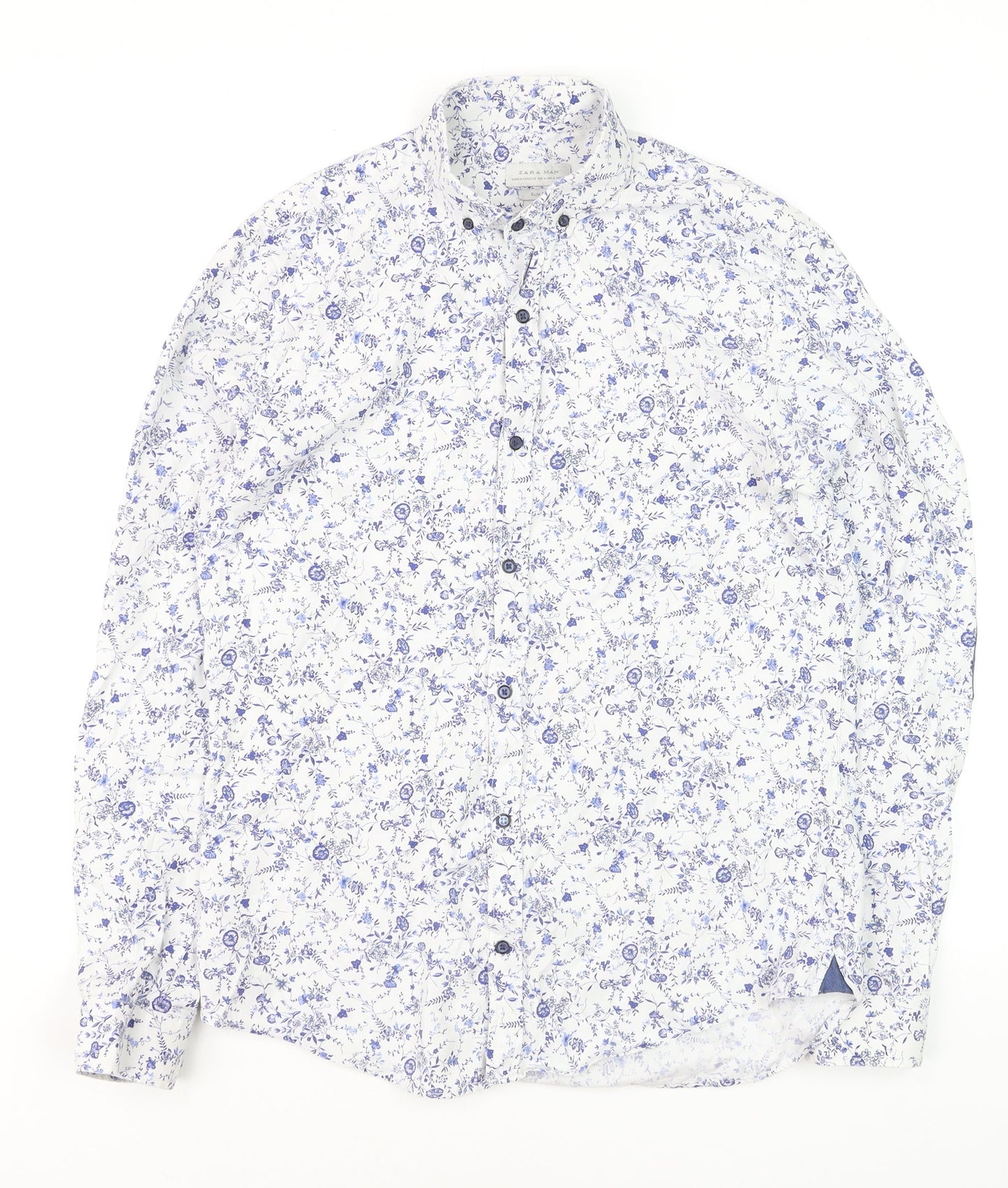 Zara Man Slim Fit White Floral Button-Up Shirt Men's Medium