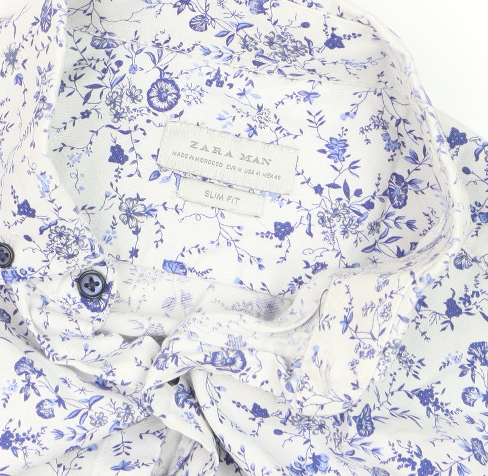 Zara Man Slim Fit White Floral Button-Up Shirt Men's Medium