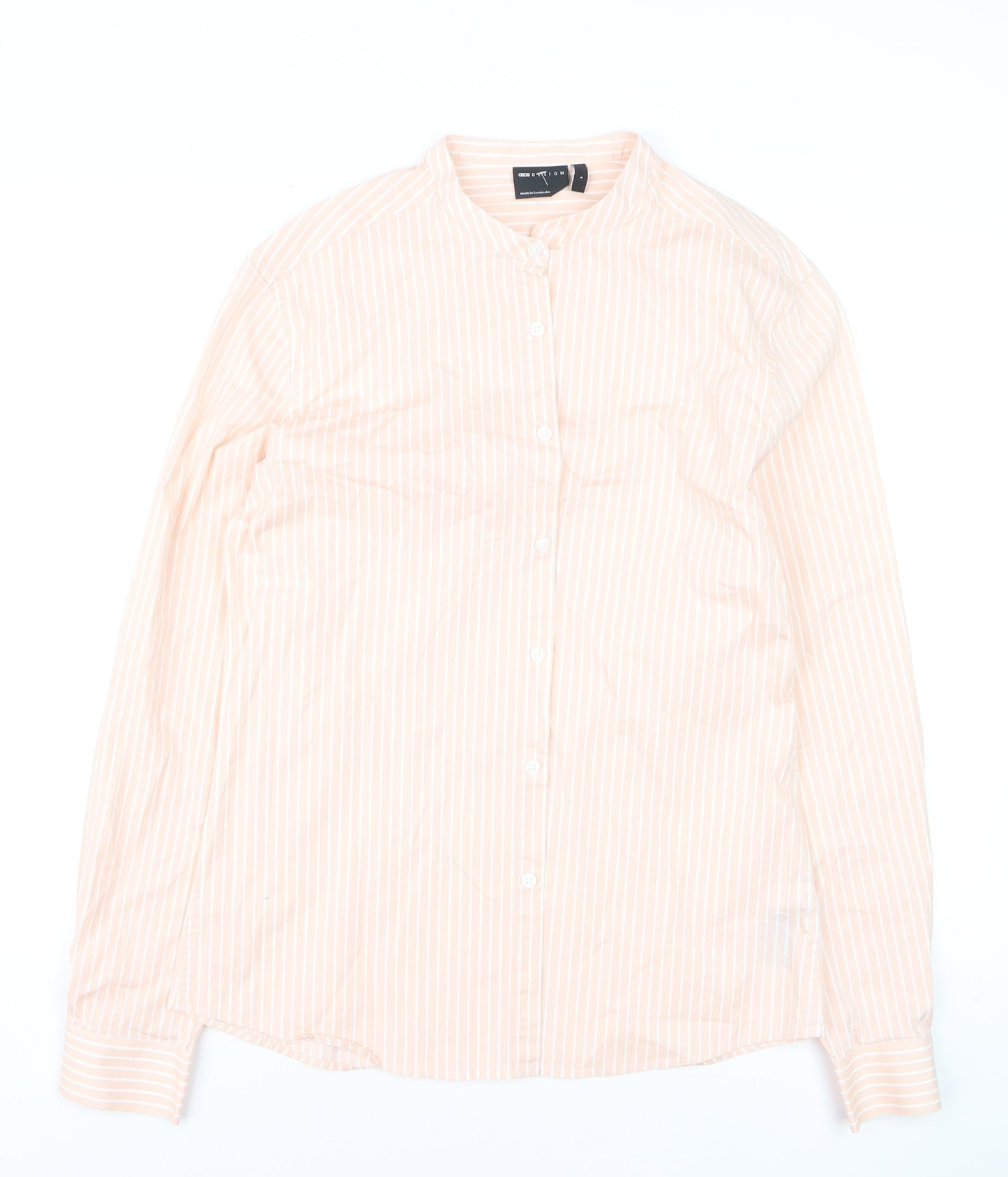 ASOS DESIGN Men's Beige Striped Band Collar Long Sleeve Shirt Size L
