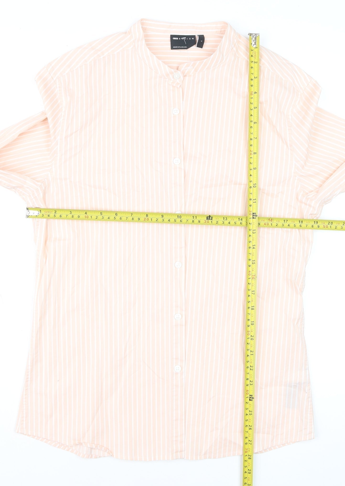 ASOS DESIGN Men's Beige Striped Band Collar Long Sleeve Shirt Size L