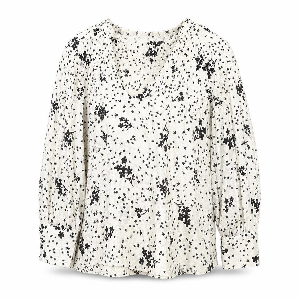 Zara Women White Floral Star Tunic Blouse Size 12 Long Sleeve