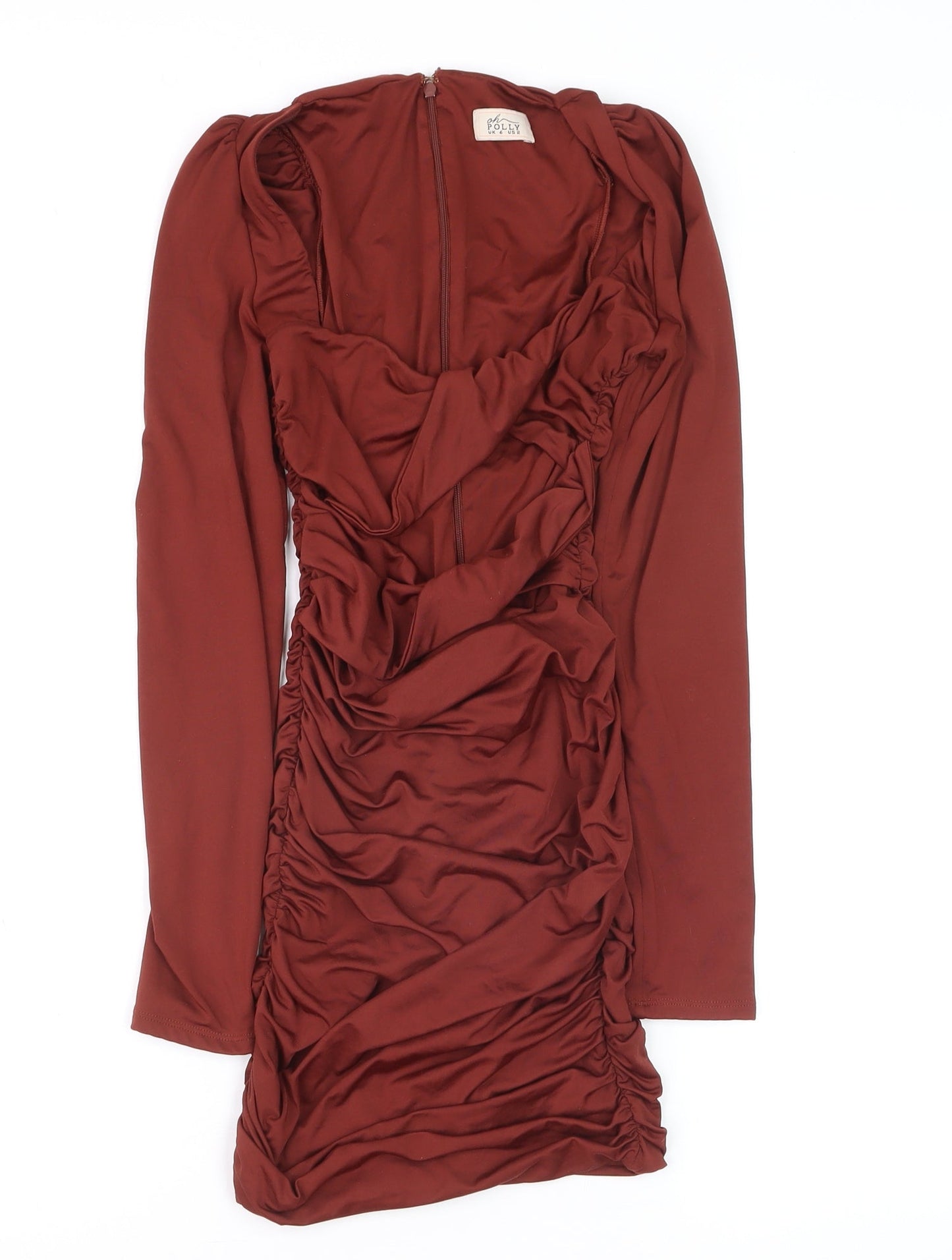 Oh Polly Women’s Brown Ruched Bodycon Mini Dress UK 6 Long Sleeve