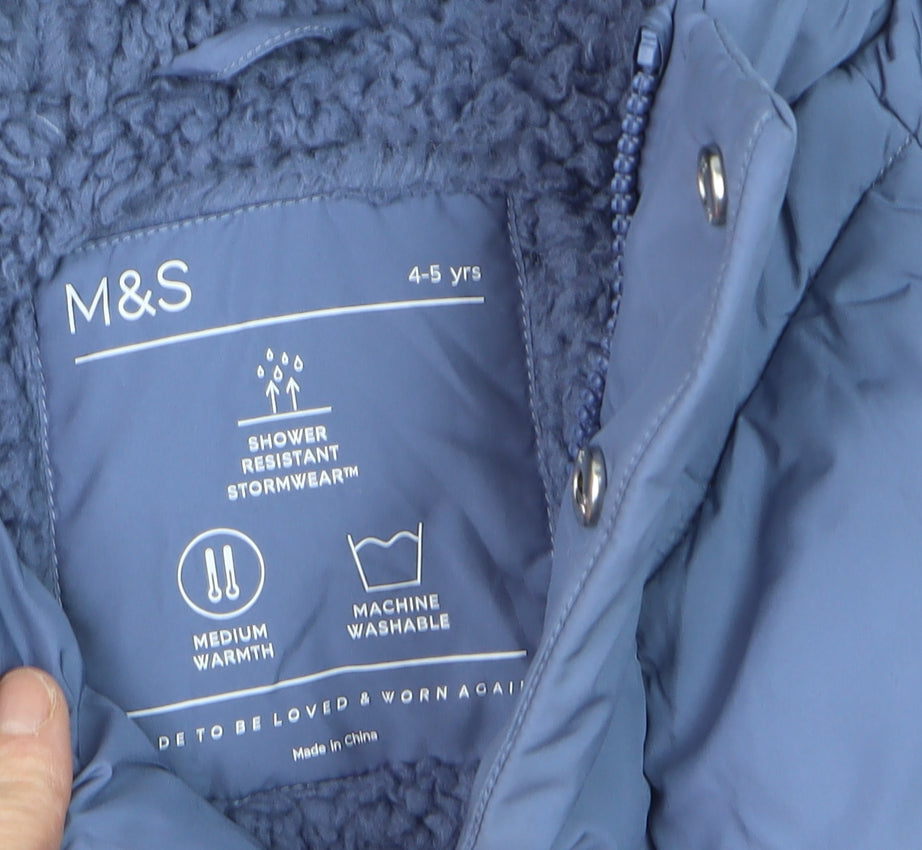 Marks and Spencer Girls Blue Hooded Puffer Jacket 4-5 Years Quilted Winter Coat